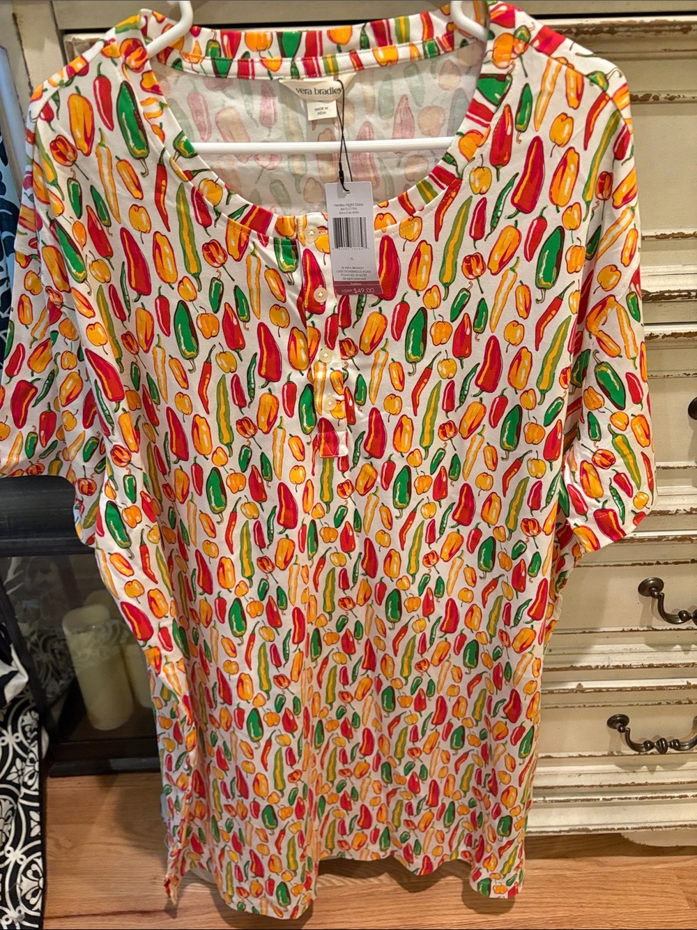 Vera Bradley Henley Night Dress with Red, Green & Yellow Pepper Print